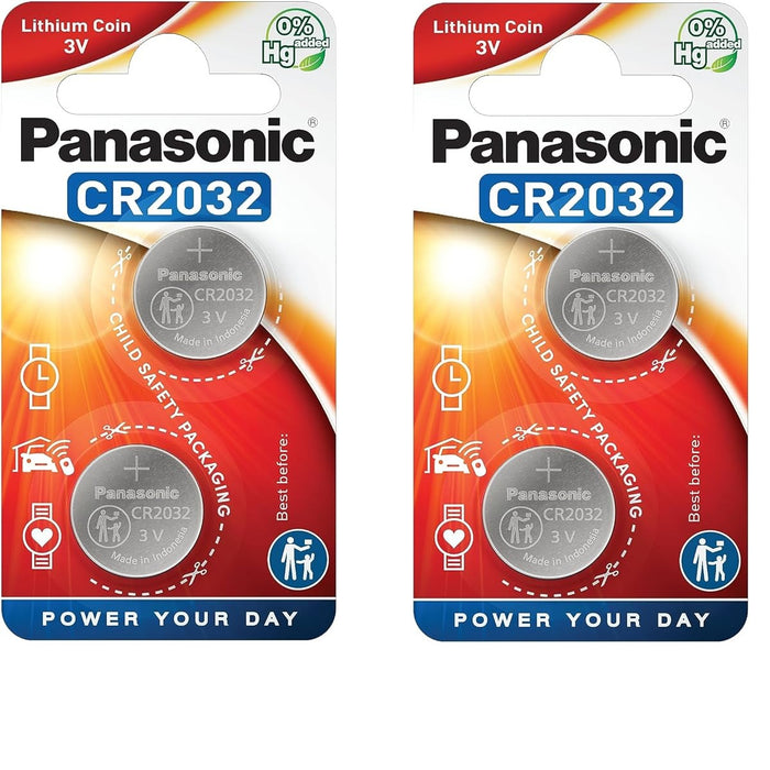 Panasonic CR2032 3V Lithium Coin Battery (Pack of 4) Child Resistant packaging