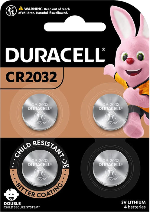 CR2032 3V lithium coin battery DURACELL CHILD RESISTANT PACKAGING 4 Batteries Duracell