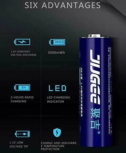 Jugee 1.5v 3000mWh AA AAA rechargeable Li-polymer lithium batteries and charger freeshipping - JUST BATTERIES