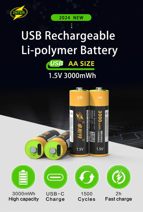Znter AA rechargeable 3000 mWh 4 pack 2000mah li-polymer li-po TYPE C usb