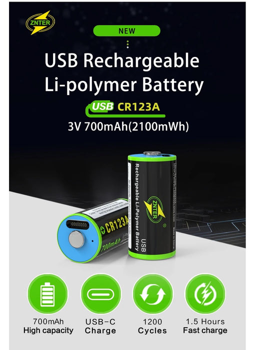 ZNTER 3.0V CR123A rechargeable battery 700mAh USB rechargeable lithium battery