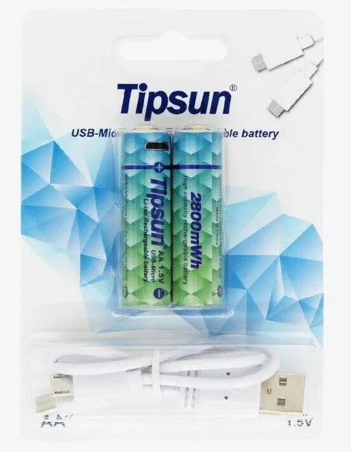 2 x Micro USB rechargeable 1.5V Li-ion AA LITHIUM Battery 1850 mAh TIPSUN Cable TIPSUN