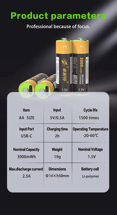 Znter AA rechargeable 3000 mWh 4 pack 2000mah li-polymer li-po TYPE C usb