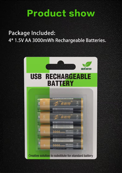 Znter AA rechargeable 3000 mWh 4 pack 2000mah li-polymer li-po TYPE C usb