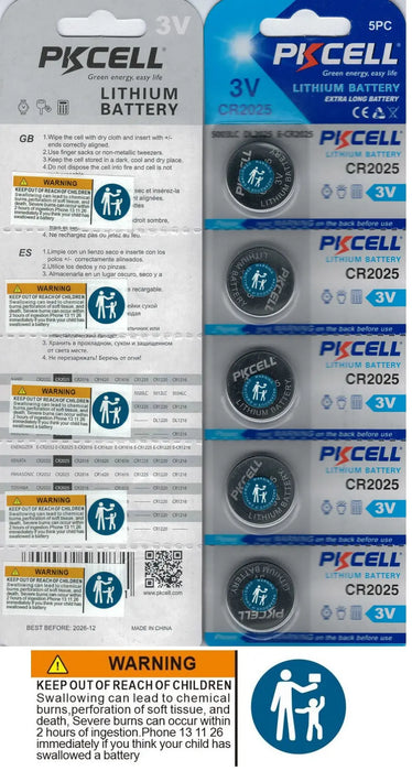 5 Cr2025 ECR2025 CR-2025 3V Lithium Battery Expiry 2025 PKCELL Brand new sealed PKCELL