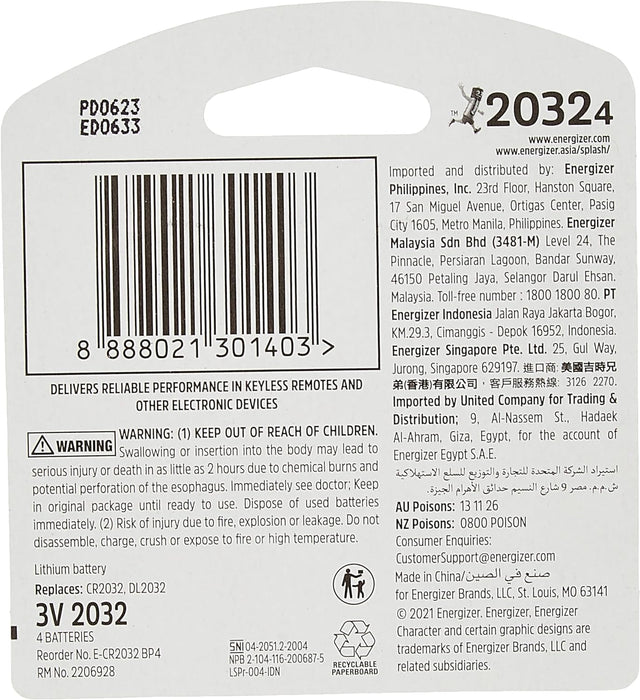 Energizer CR2032 Coin Battery DL2032 , Pack of 4 Child Resistant