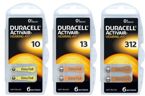 HEARING AID batteries size 10, 13, 312 LONG LIFE DURACELL Activair Easy tab 6pk Duracell