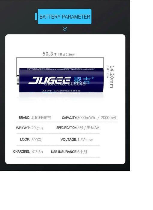 Jugee 1.5v 3000mWh AA AAA rechargeable Li-polymer lithium batteries and charger freeshipping - JUST BATTERIES