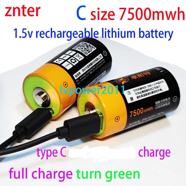 ZNTER 2pcs Type C Battery  1.5V 5000mAh Rechargeable Lithium Polymer with Type C Cable