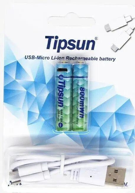TIPSUN AAA LITHIUM Micro USB rechargeable BATTERY 1.5V Li-ion 540mAh Cable x 2 freeshipping - JUST BATTERIES