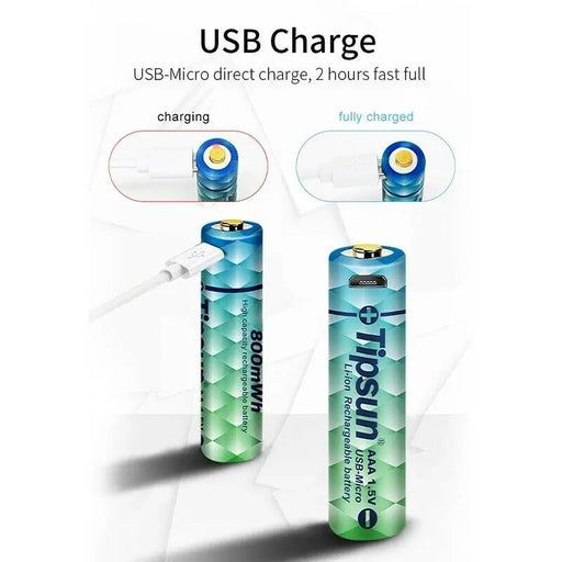 TIPSUN AAA LITHIUM Micro USB rechargeable BATTERY 1.5V Li-ion 540mAh Cable x 2 freeshipping - JUST BATTERIES