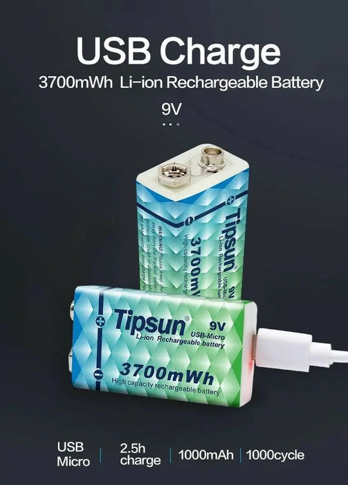 TIPSUN Micro USB 6LR61 9v rechargeable battery li-ion battery 3700mWh With cable freeshipping - JUST BATTERIES