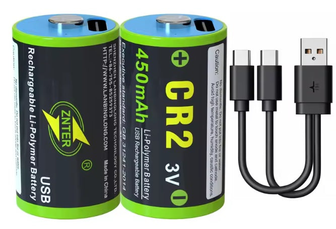 Znter CR2 Rechargeable Lithium Battery 3V 450mAh USB Rechargeable Twin Pack