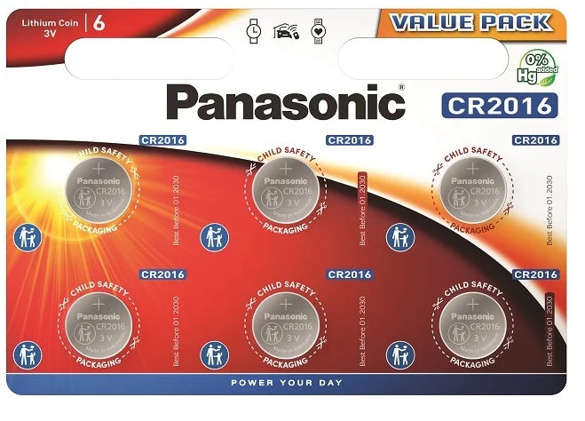 Panasonic CR2016 Battery 3V Lithium Coin Cell – 6 Pack | Long Lasting Button Battery for Car Key, Watch & Small Electronics