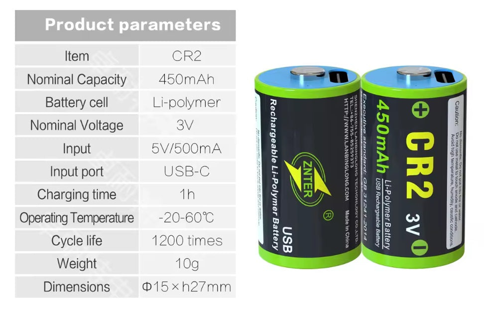 Znter CR2 Rechargeable Lithium Battery 3V 450mAh USB Rechargeable Twin Pack