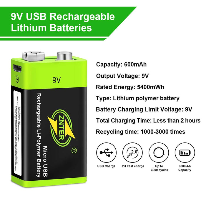 Znter Micro USB 6LR61 9v rechargeable battery li-ion battery 3700mWh With cable